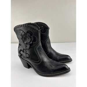 Mia Daisy Western Leather Ankle Boots Black Layered Floral Detail  Size 7